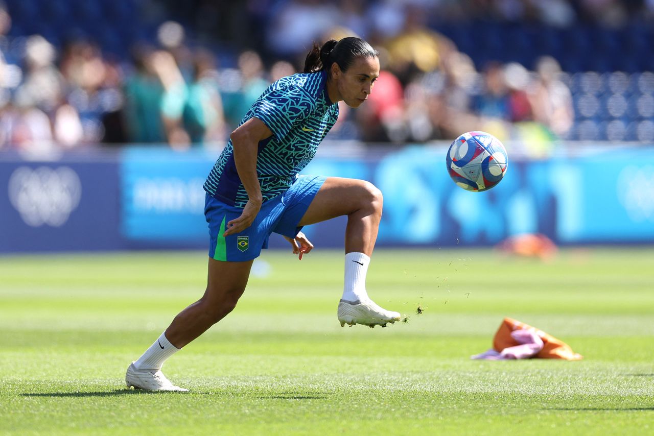 Brazil’s Marta warms up before the gold medal match against the US on August 10. 