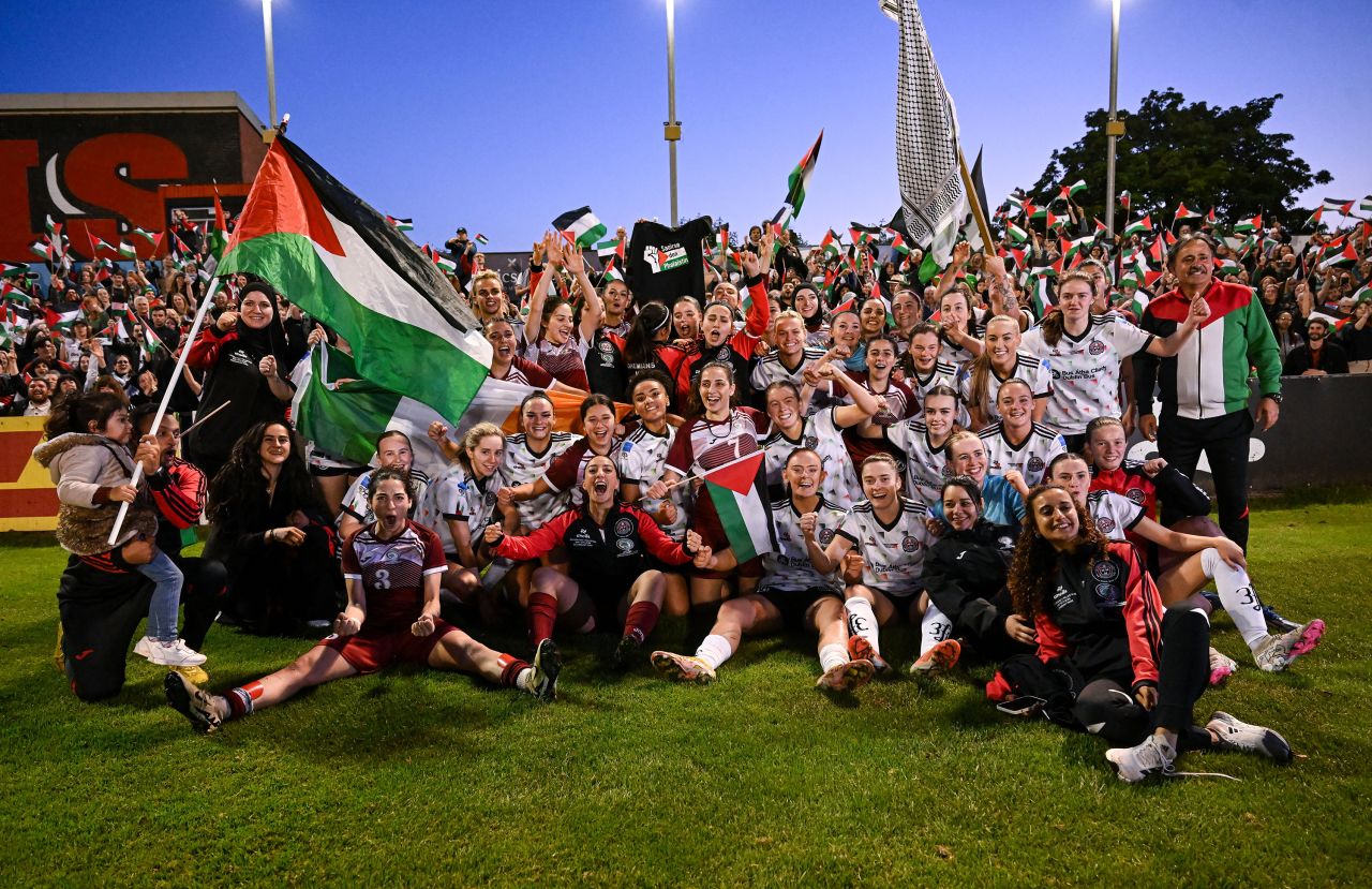 Players pose for a photo following a solidarity match between the Irish and Palestinian women’s football teams on May 15, in Dublin, Ireland. 