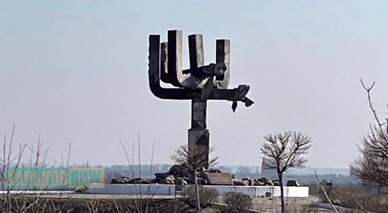A Holocaust memorial is shown damaged by Russian shelling on March 26, near Kharkiv, Ukraine. 