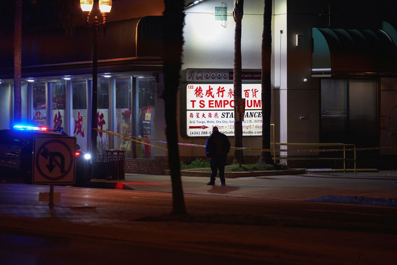 Police respond to a shooting in Monterey Park on Sunday. 