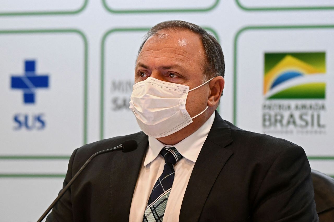 Brazilian Health Minister Eduardo Pazuello speaks during a press conference in Brasilia on March 15.