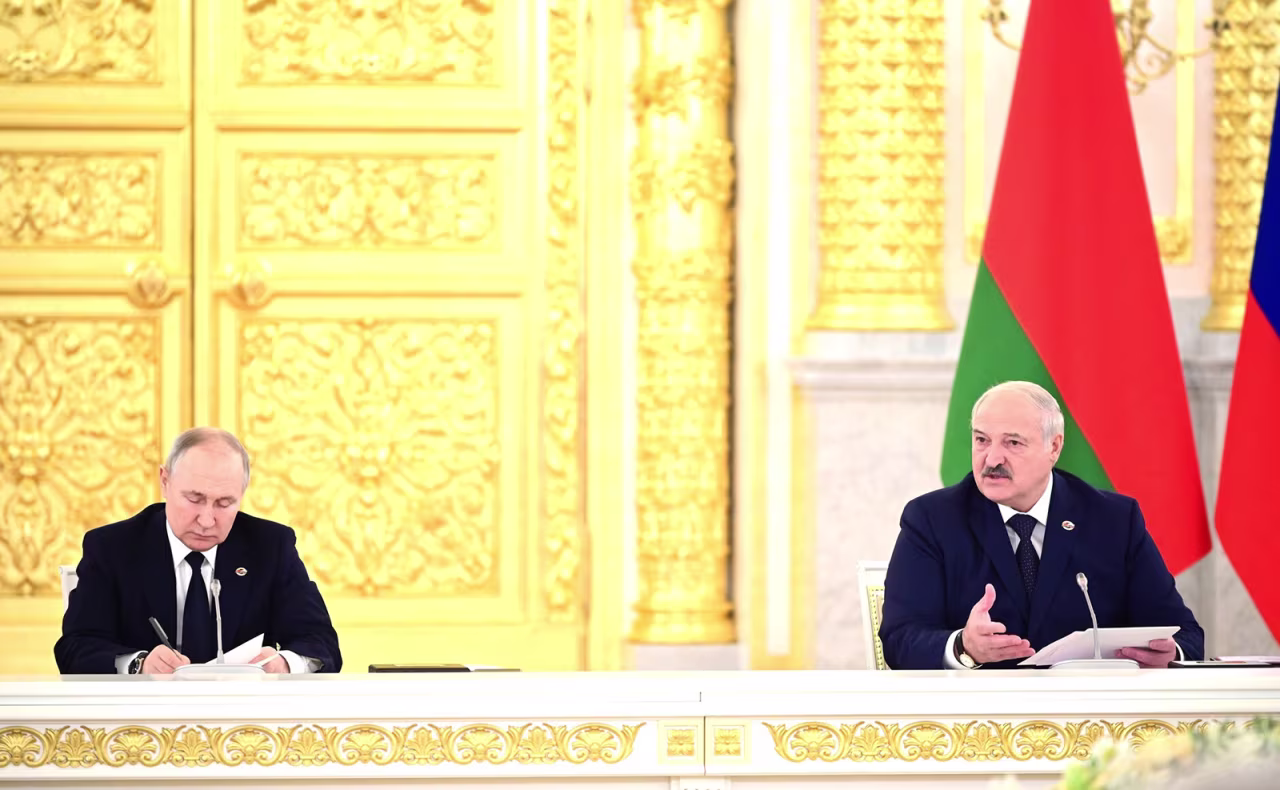 Russian President Vladimir Putin, left, and Belarusian President Alexander Lukashenko, right, attend the Russia-Belarus Union State Supreme Council at Kremlin Palace in Moscow, Russia, on April 6.