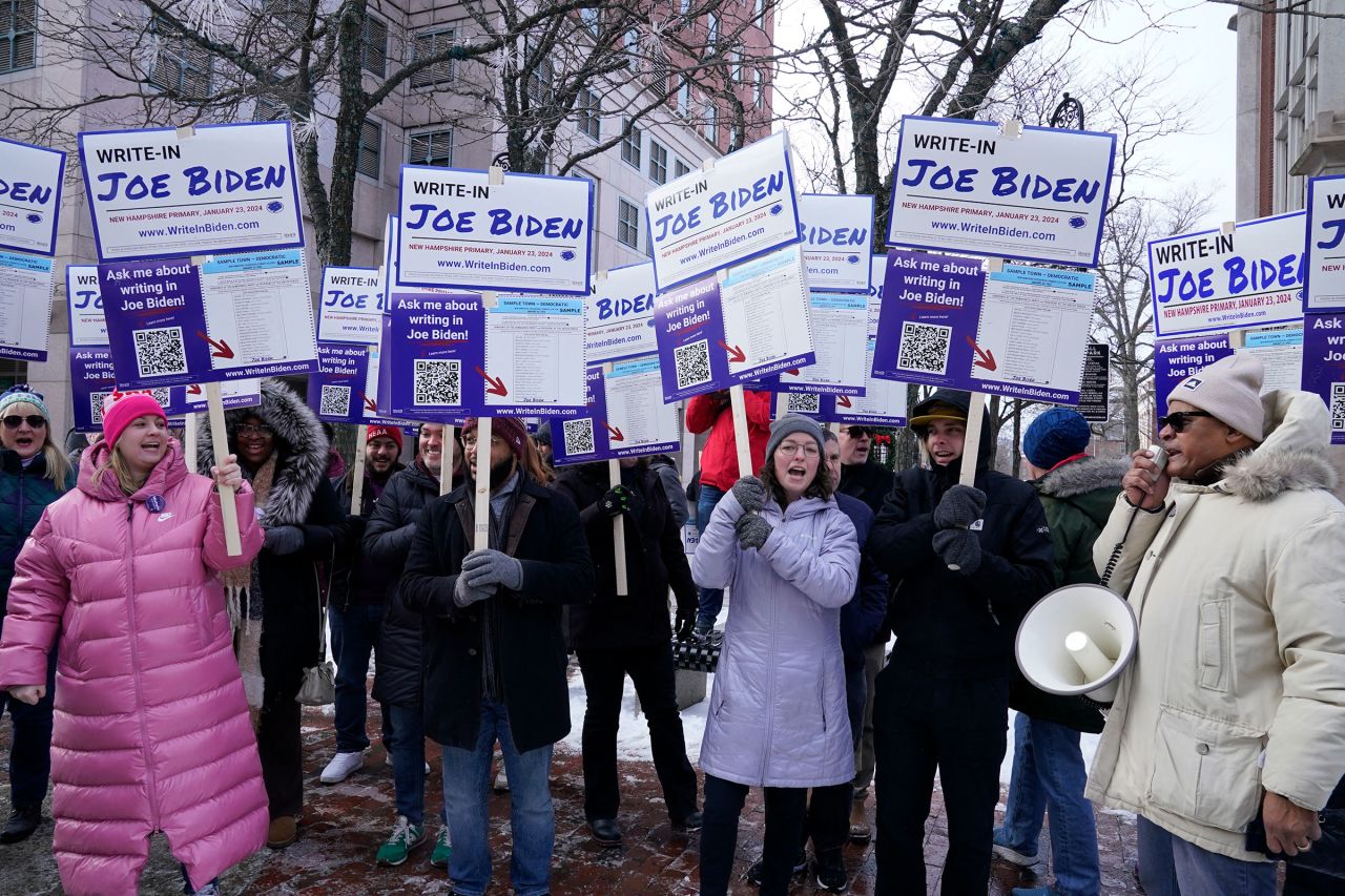 Supporters demonstrate at a Joe Biden Write-In Rally in Manchester, New Hampshire, on January 20.