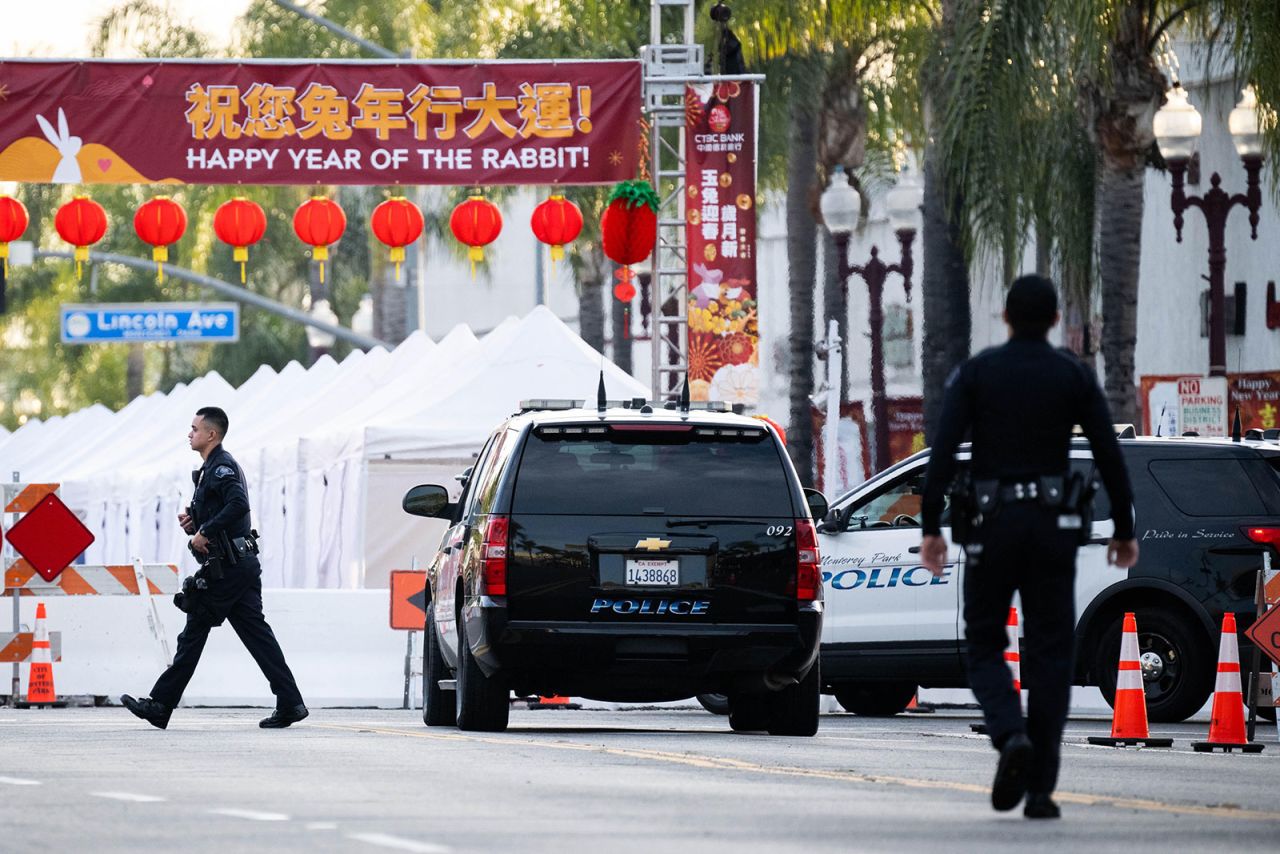 Monterey Park Police officers at the scene of a mass shooting on Sunday, January 22. 