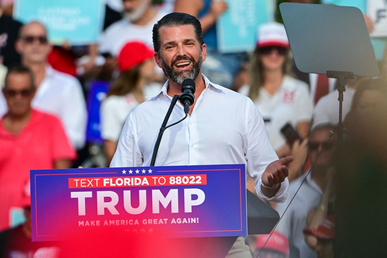 Donald Trump Jr. speaks during a campaign rally for his father in Doral, Florida, on July 9.