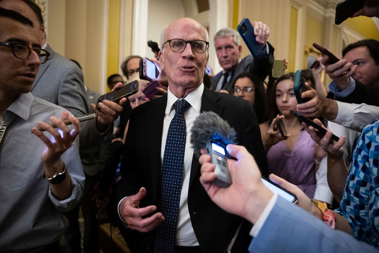 Sen. Peter Welch speaks with reporters as he departs a Senate Democratic Caucus meeting at the US Capitol July 9.