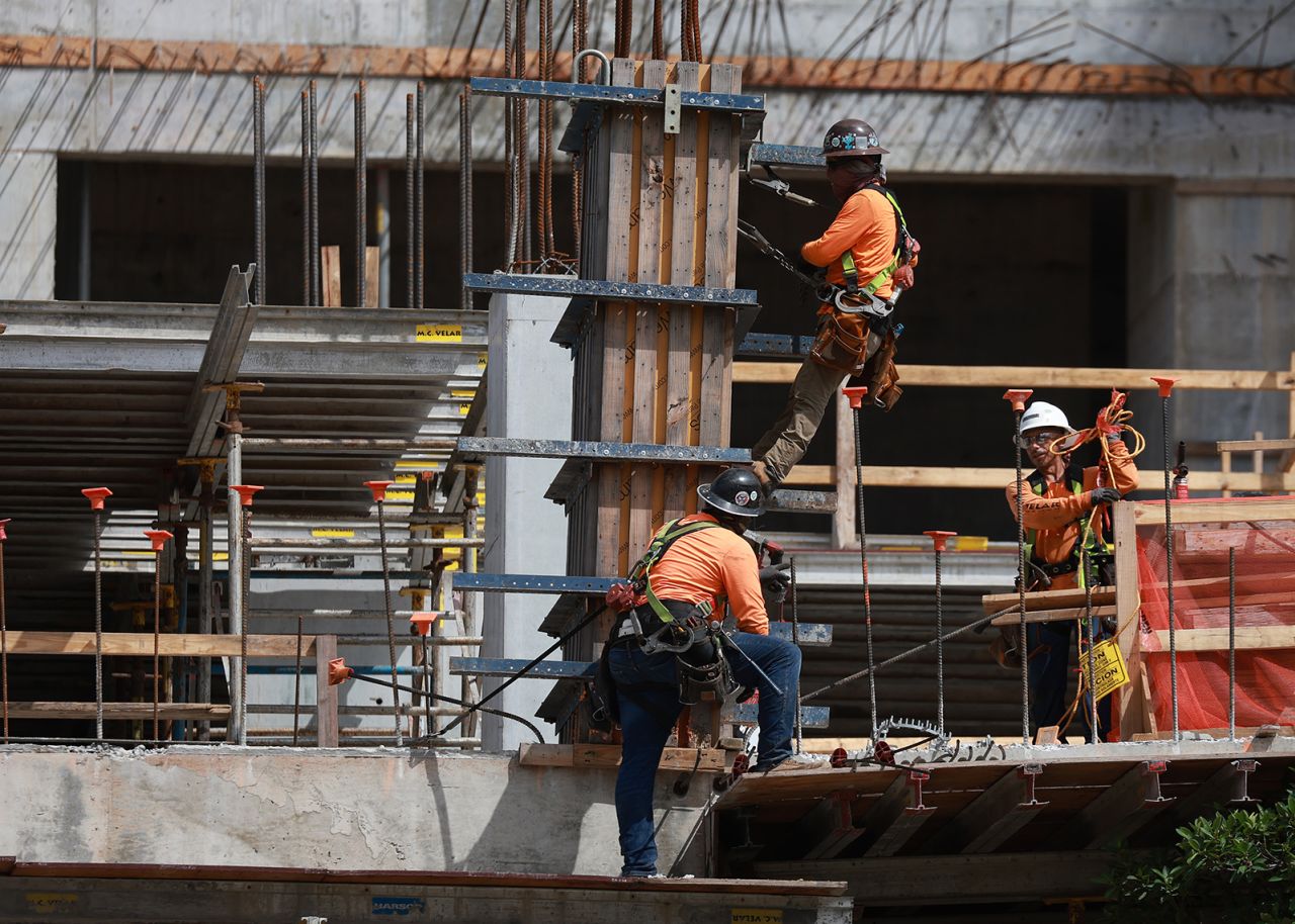 Construction workers build a residential high rise on October 02, 2023 in Miami, Florida.?