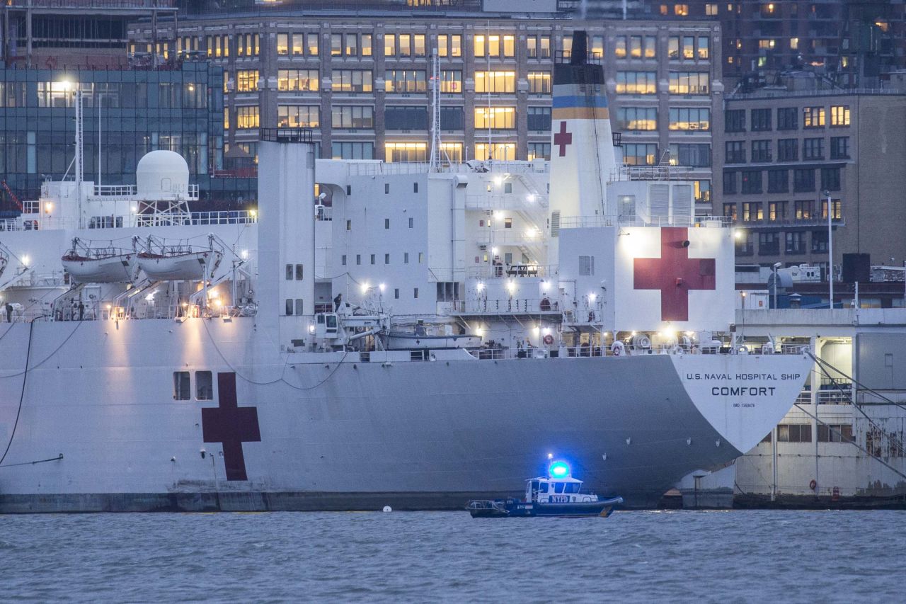 The USNS Comfort navy hospital ship is seen docked at Pier 90 in New York City on April 3.