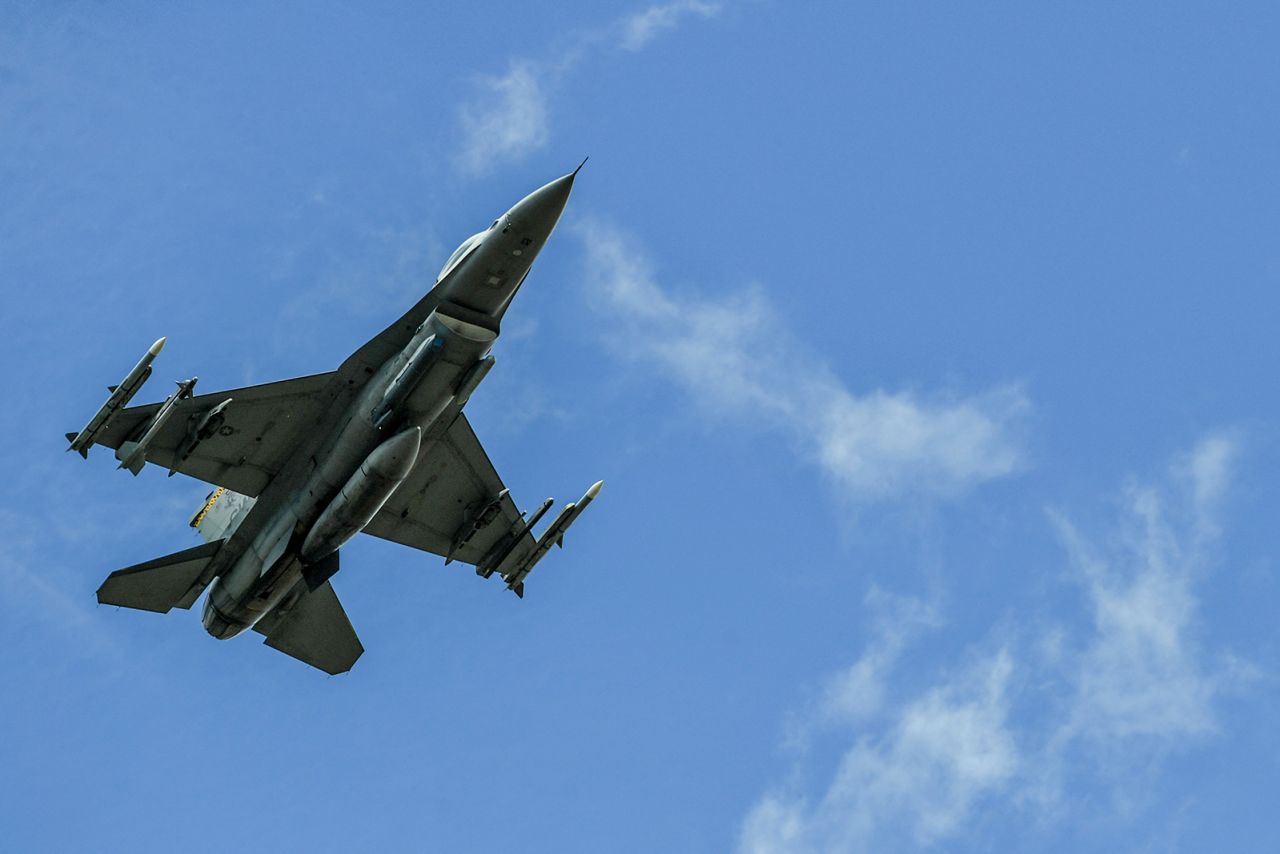 A US Air Force F-16 aircraft flies near the Rionegro Airport during military drills in Rionegro, Colombia on July 12, 2021.?