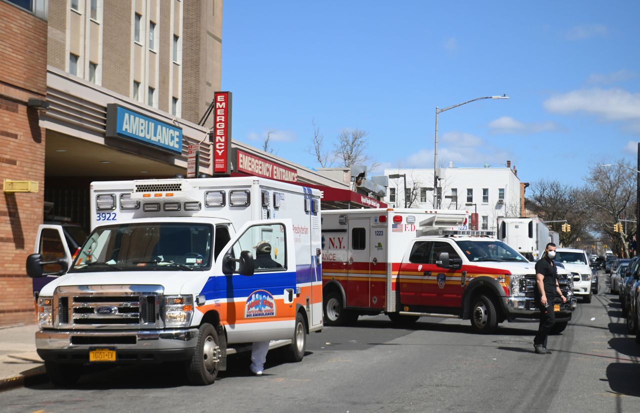 Ambulances in front of the emergency room entrance of the Wyckoff Heights Medical Center in Brooklyn on April 2, in New York.