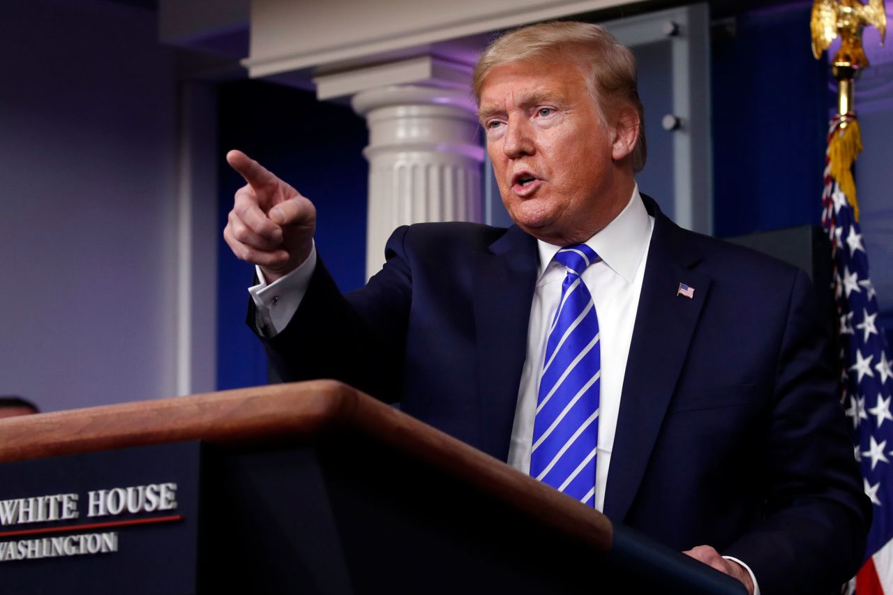 President Donald Trump speaks about the coronavirus during a briefing at the White House on April 23.