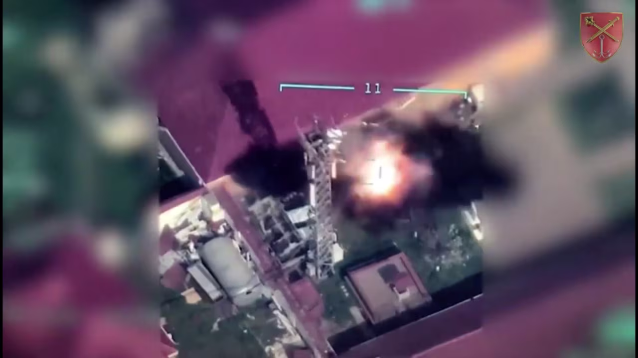 A strike targeting a communications tower on Snake Island is seen in a drone video.