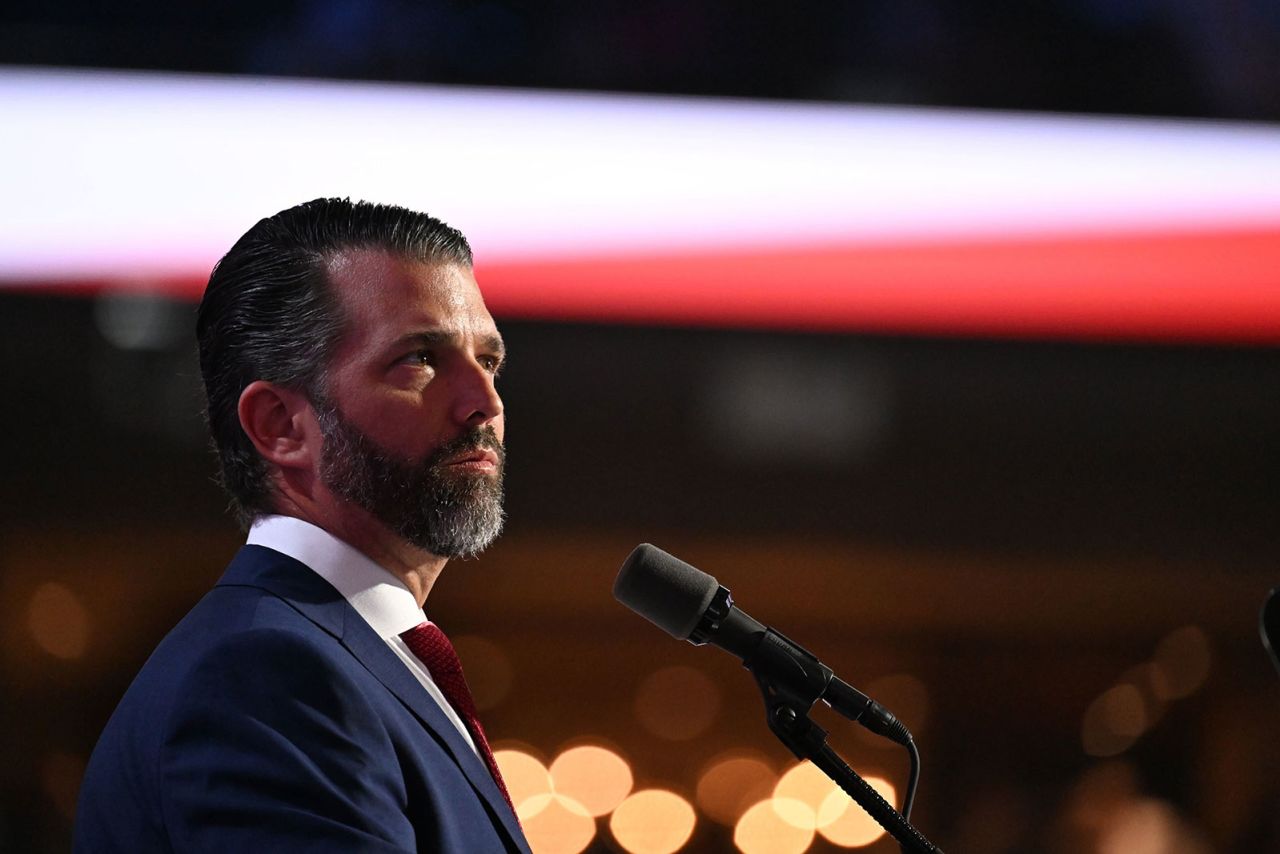 Donald Trump Jr. speaks on stage during the third day of the convention on Wednesday, July 17, in Milwaukee.