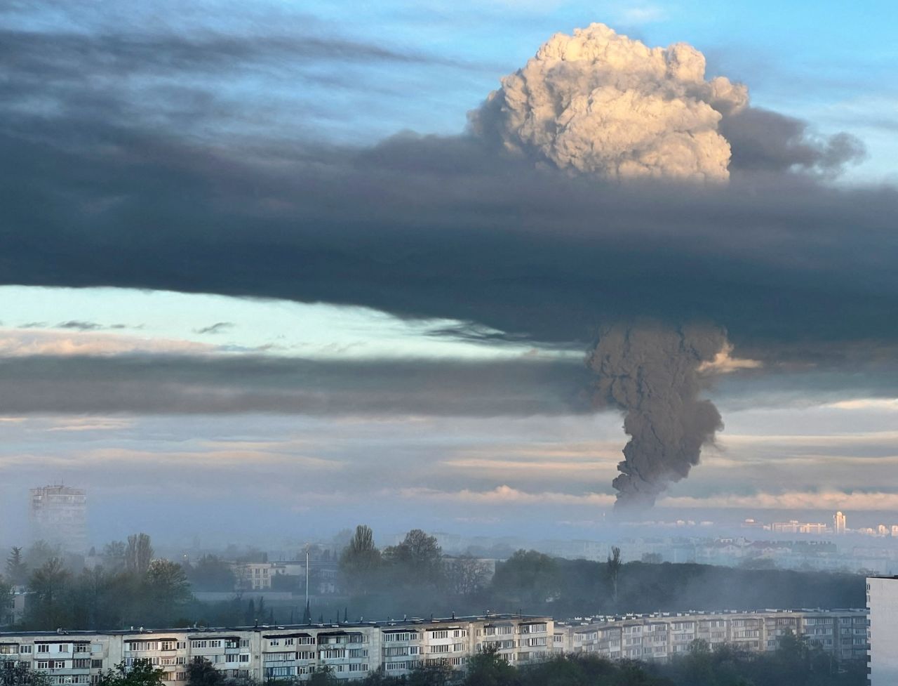 Smoke is seen rising following an alleged drone attack in Sevastopol, Crimea, on Saturday.