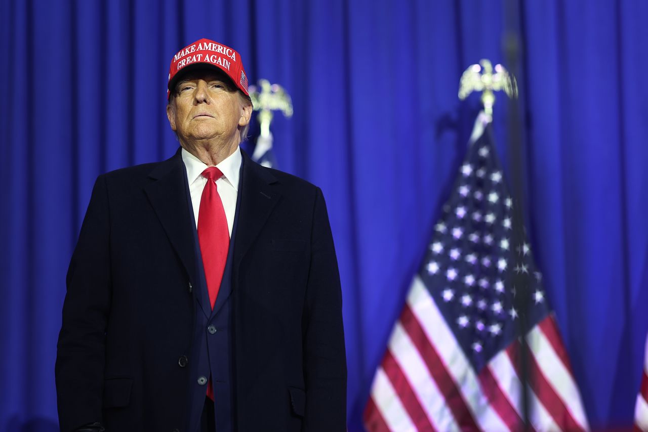 Former President Donald Trump speaks to supporters during a rally on February 17, in Waterford, Michigan.