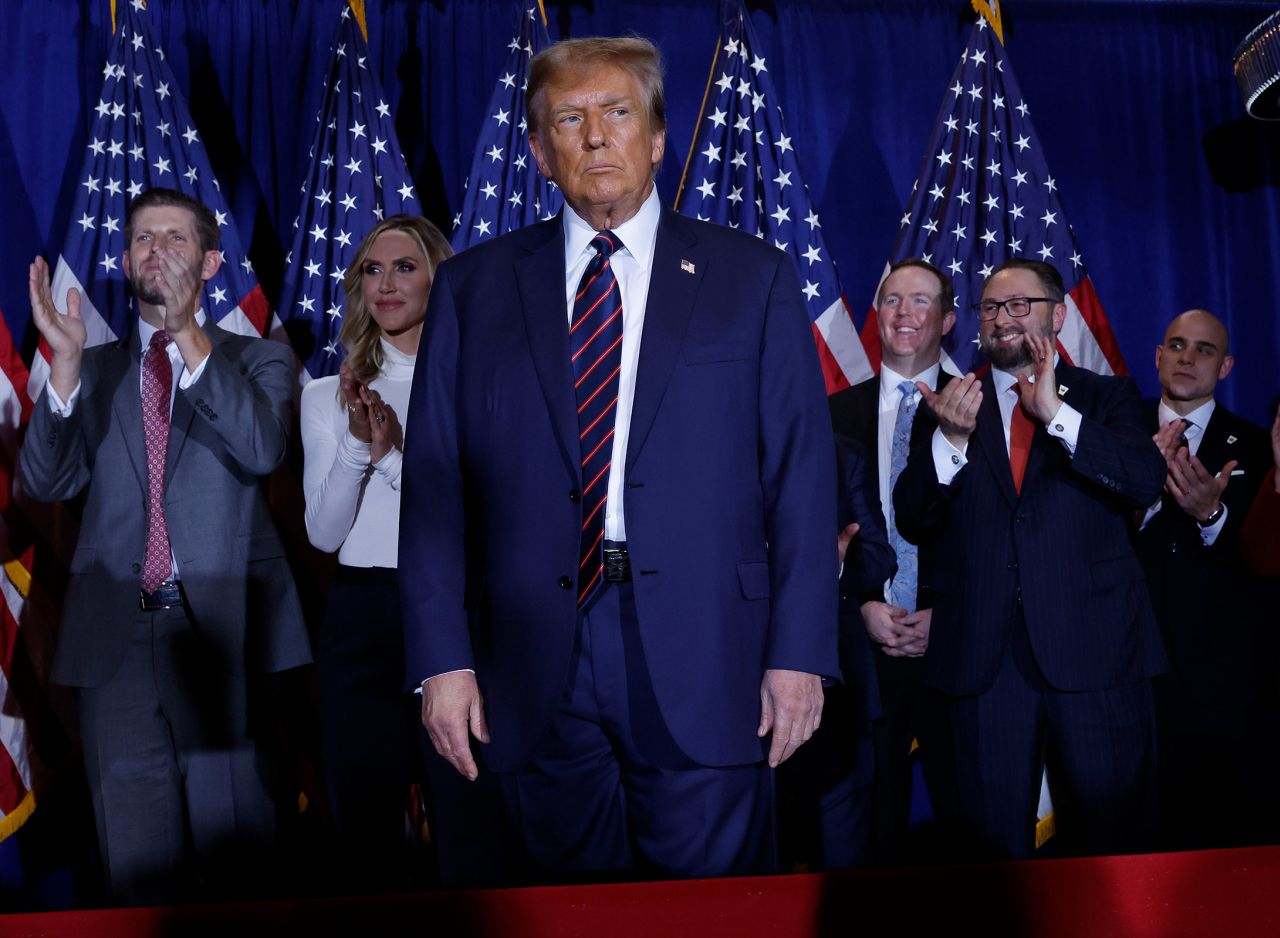 Former President Donald Trump takes the stage with supporters, campaign staff and family members for a primary night party at the Sheraton on January 23, 2024 in Nashua, New Hampshire. 