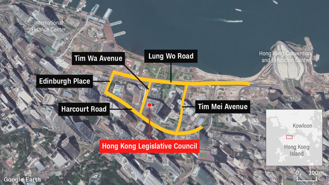 The streets surrounding Hong Kong's government headquarters are a popular route for protesters.