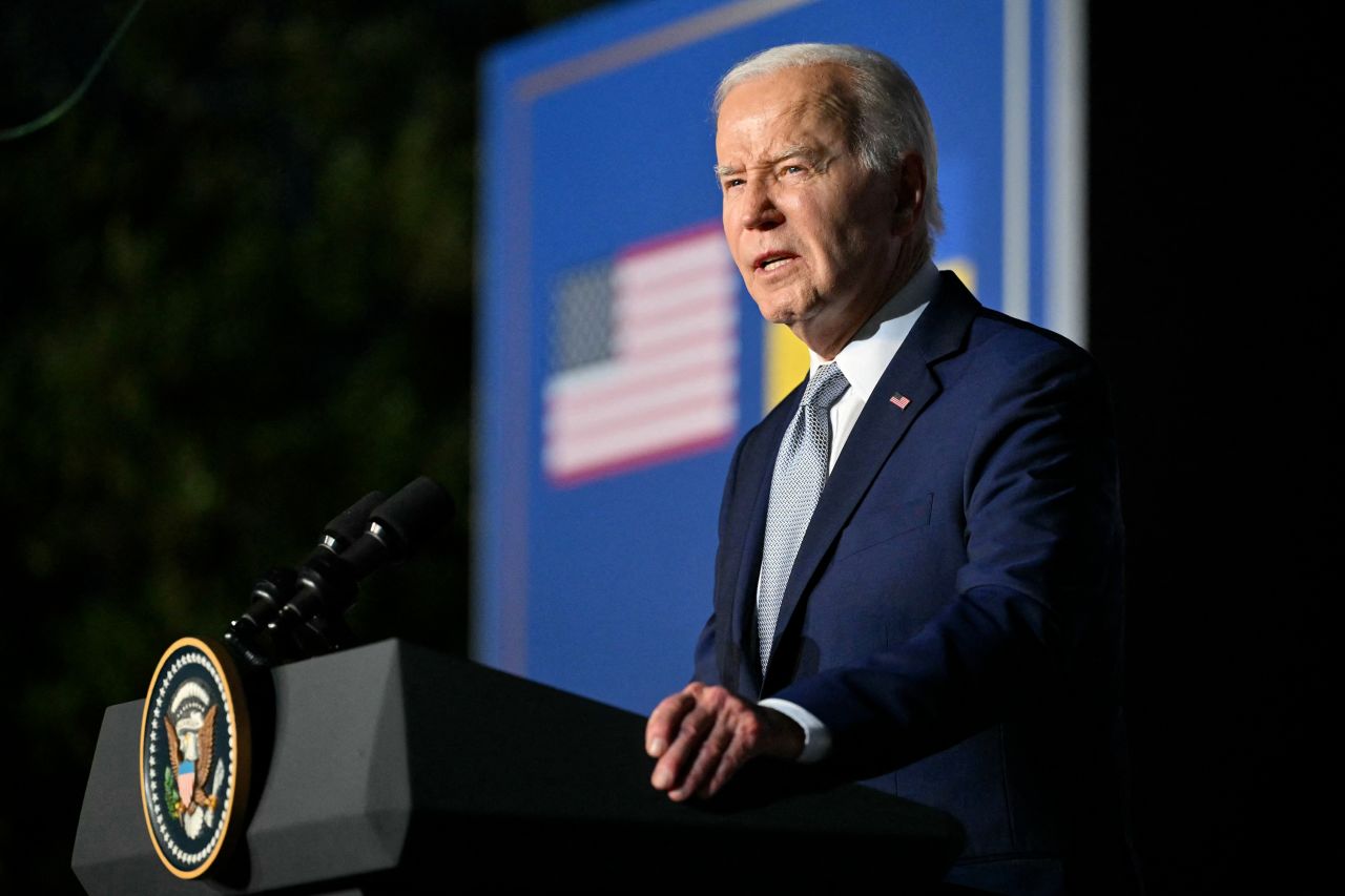 Joe Biden speaks during a press conference with Volodymyr Zelensky at the Masseria San Domenico in Savelletri, Italy on June 13.