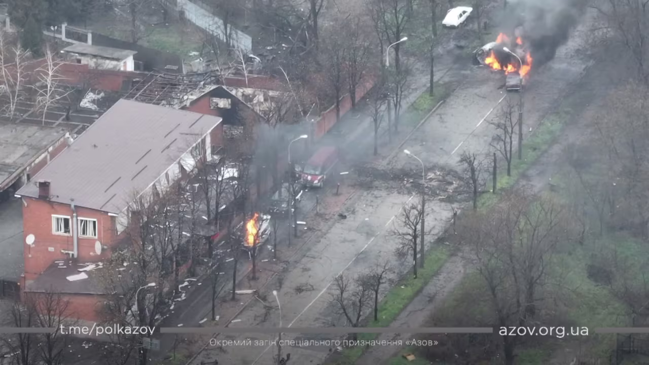 A frame from a video shows Ukrainian forces ambushing a Russian convoy in Mariupol.