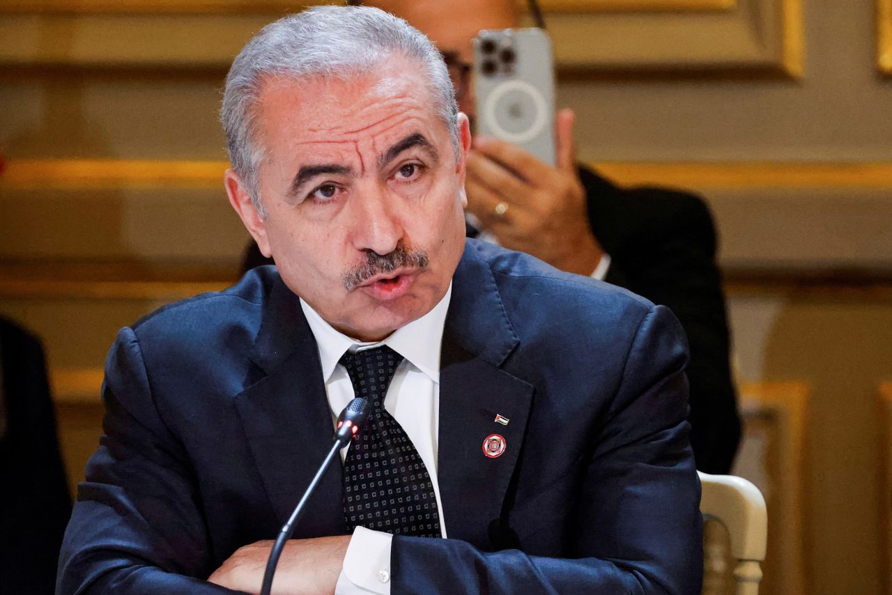 Palestinian Prime Minister Mohammad Shtayyeh speaks during an international humanitarian conference for civilians in Gaza, at the Elysee Presidential Palace, in Paris, France, on Thursday.