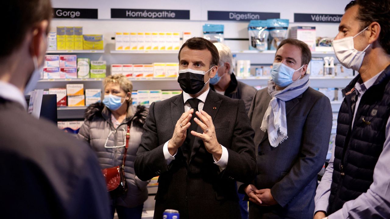 French President Emmanuel Macron visits a pharmacy in Valenciennes, France, on March 23.?