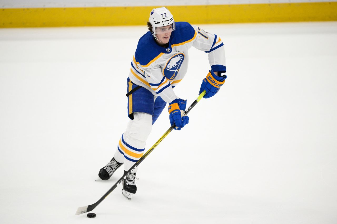 Buffalo Sabres center Tage Thompson skates with the puck during overtime of the team's game against the Washington Capitals on Tuesday in Washington. The Sabres won 5-4 in overtime.