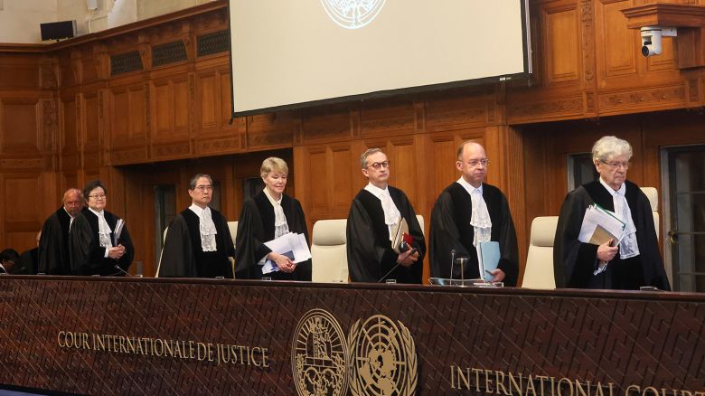 Judges arrive at the International Court of Justice for a hearing where South Africa requested new emergency measures over Israel's attacks on Rafah, in The Hague, Netherlands, on May 17. The hearing was part of an ongoing case South Africa filed at the ICJ in 2023 accusing Israel of violating the Genocide Convention. 