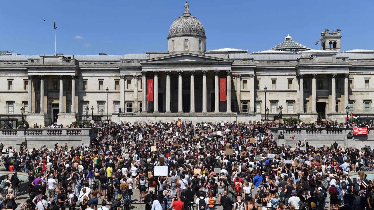 People gather in Trafalgar Square in London to take part in a Black Lives Matter protest on May 31.