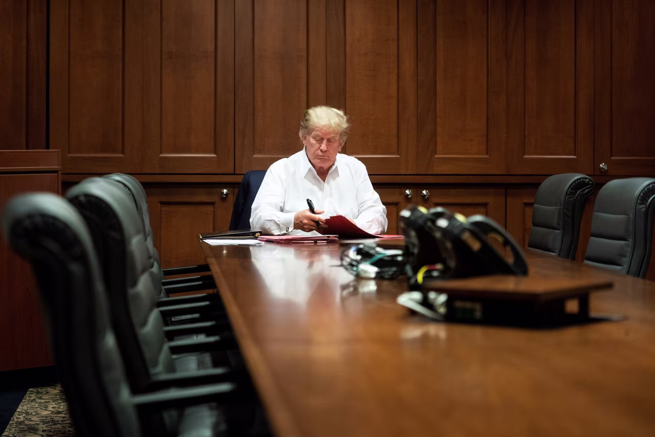 President Donald Trump works in the Presidential Suite at the Walter Reed National Military Medical Center in Bethesda, Maryland on Saturday, October 3.
