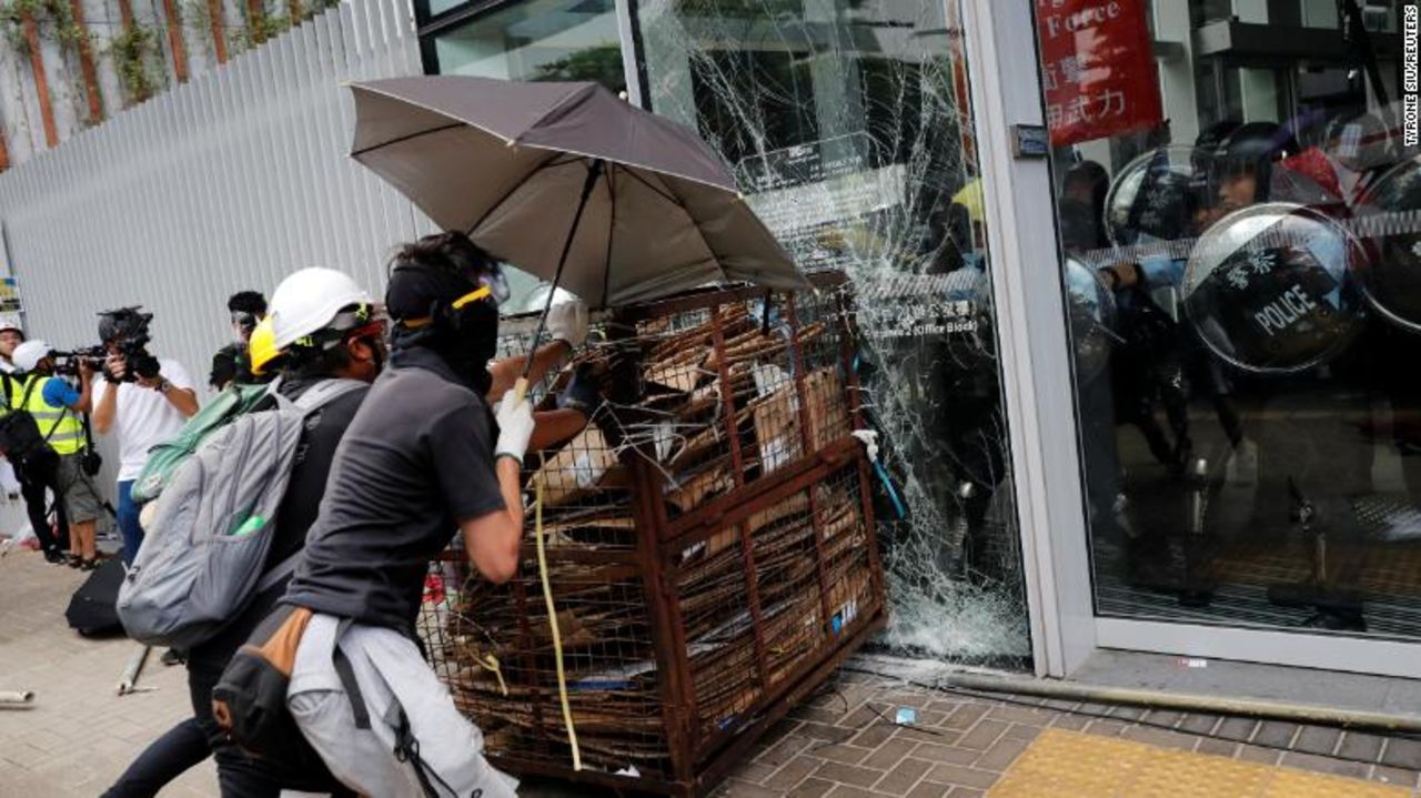 Protesters trying to break into the Legislative Council in Hong Kong.