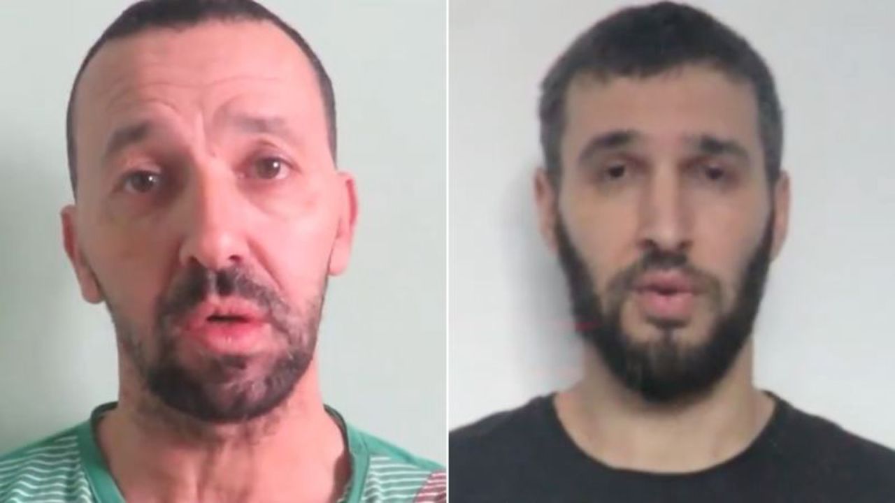 From left, Hamas hostages Yossi Sharabi and Itai Svirsky are seen on a Hamas video released on January 14.