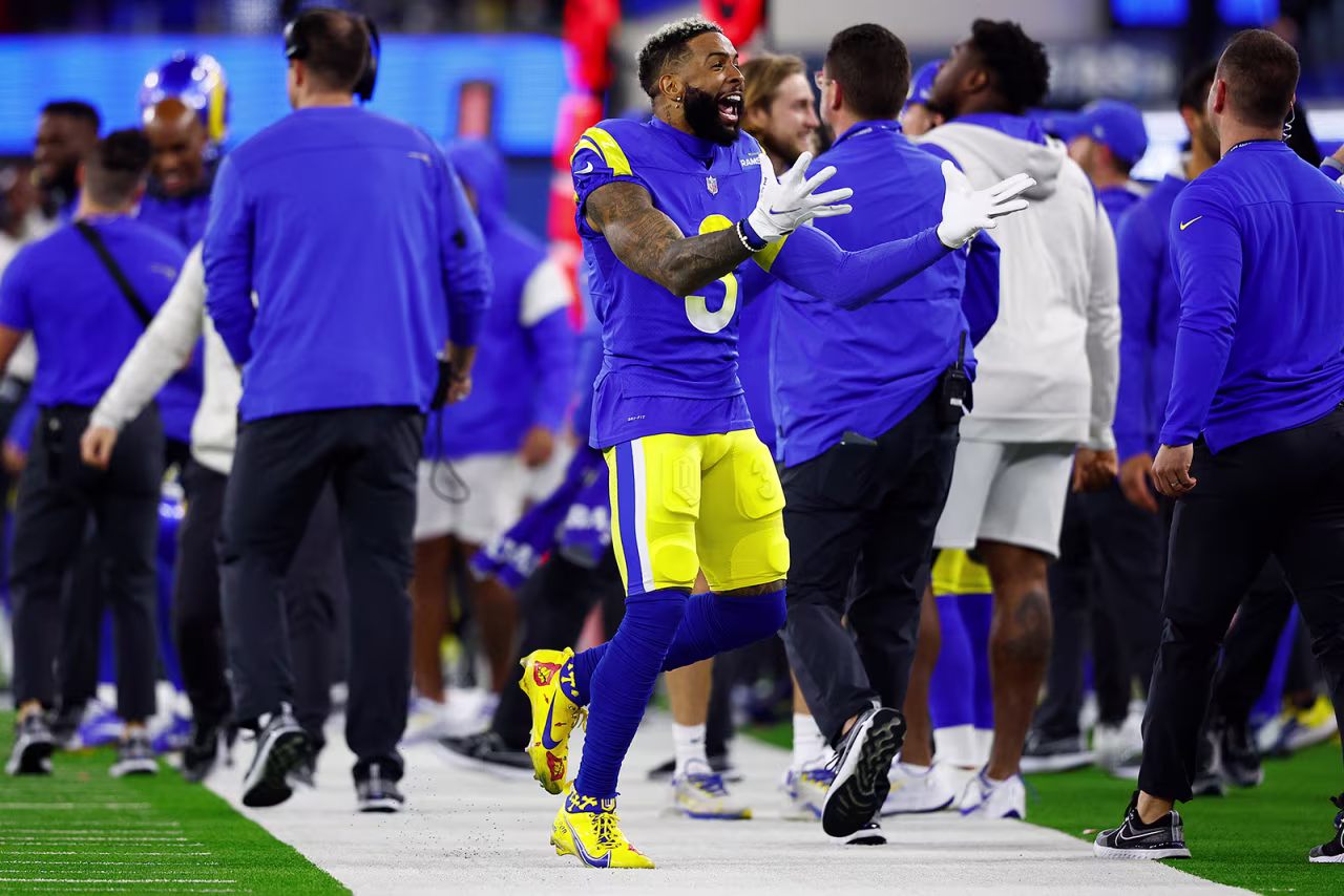 Odell Beckham Jr. #3 of the Los Angeles Rams reacts in the final moments of the fourth quarter against the San Francisco 49ers in the NFC Championship Game at SoFi Stadium on January 30, in Inglewood, California.