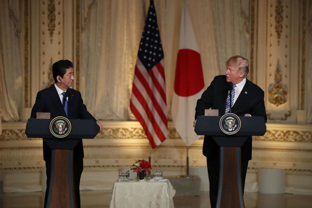 President Donald Trump and Japanese Prime Minister Shinzo Abe hold a news conference at Mar-a-Lago resort on April 18, 2018 in West Palm Beach, Florida. The two leaders are meeting for a multi-day working meeting where they are discussing world events. 