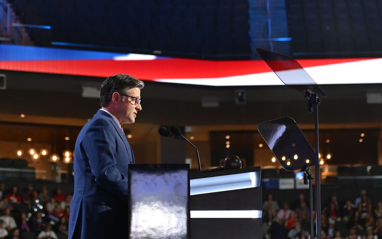 House Speaker Mike Johnson speaks at the Republican National Convention in Milwaukee, on July 15. 