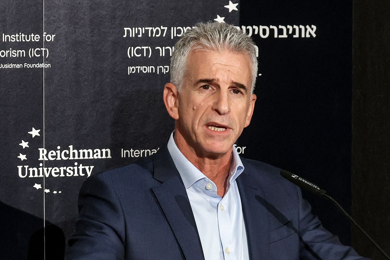 The director of Israel's Mossad foreign intelligence service, David Barnea, speaks during a summit on September 10, in Herzliya, Israel. 