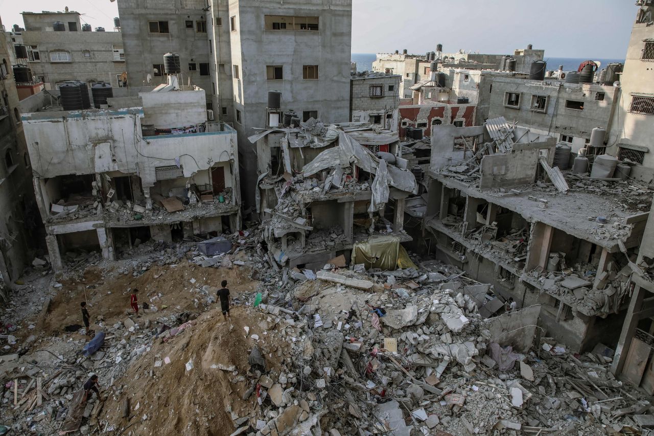 Buildings lie in ruins following Israeli airstrikes in Gaza.