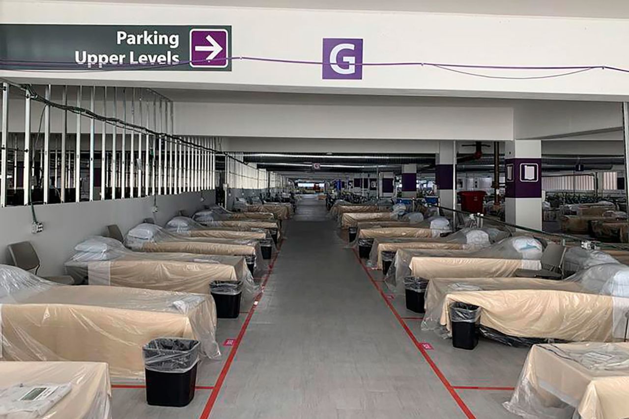 Hospital beds sit inside Renown Regional Medical Center's parking garage, which has been transformed into an alternative care site for Covid-19 patients in Reno, Nevada on November 11.