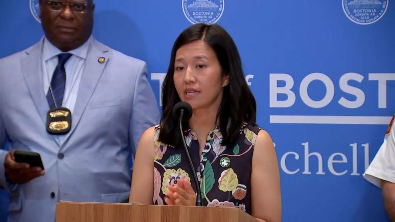 Boston Mayor Michelle Wu announces a statewide 911 outage during a press conference on Tuesday, June 18.