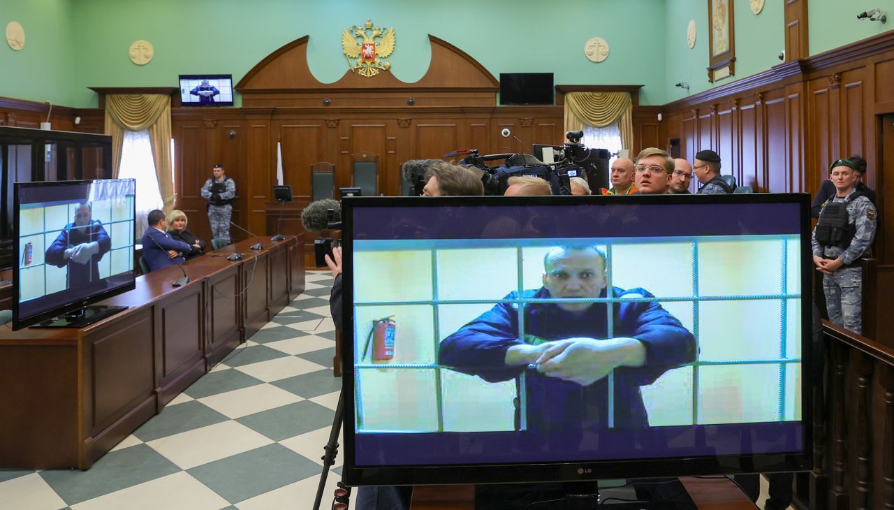 Russian opposition leader Alexei?Navalny?is seen on screens via a video link from the IK-2 corrective penal colony in Pokrov during a court hearing to consider an appeal against his prison sentence in Moscow, Russia, on May 24, 2022.