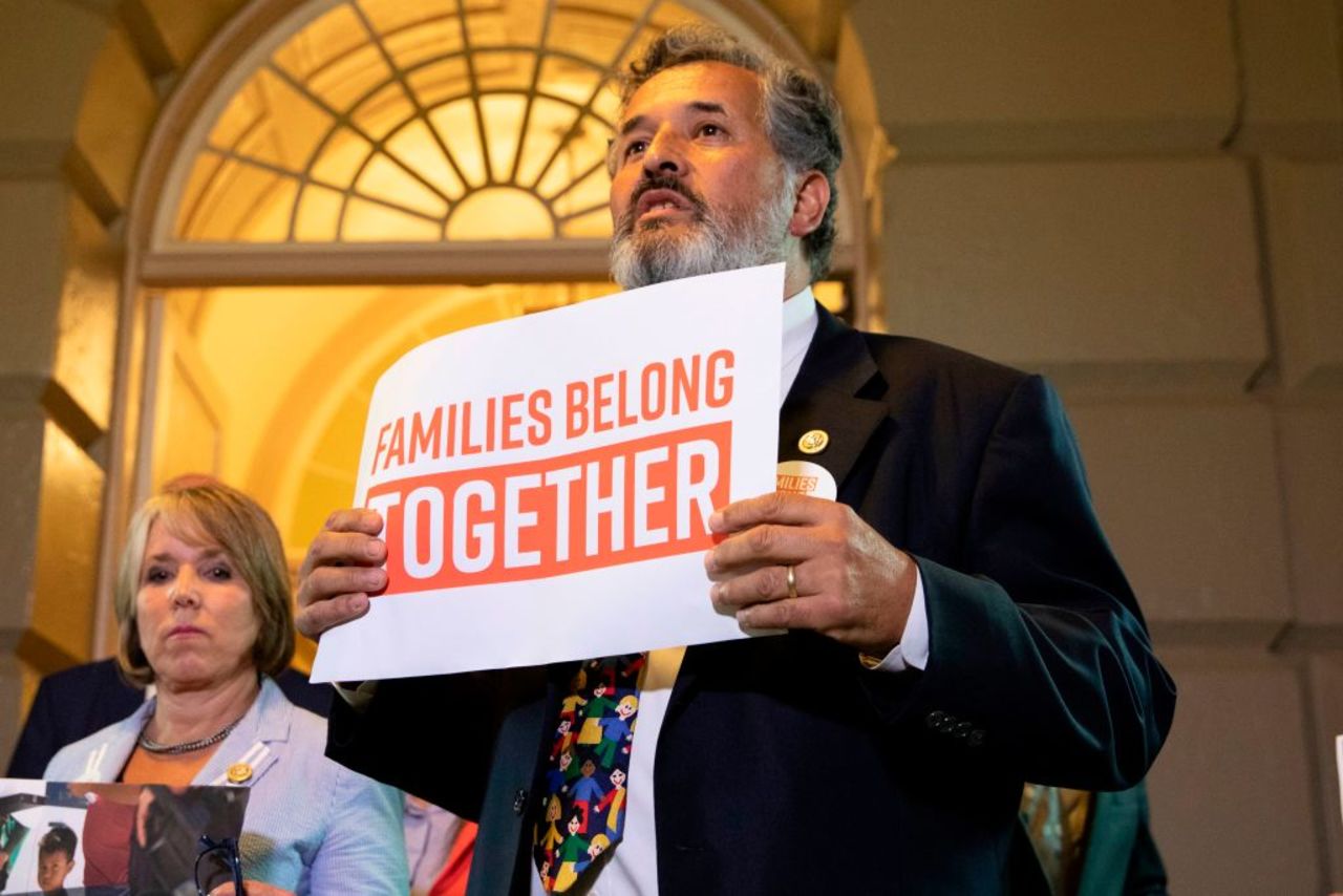 Rep. Juan Vargas (D-CA) protests outside meeting where a US President Donald Trump speaks with Republican members of Congress at the US Capitol in Washington, DC on June 19, 2018.