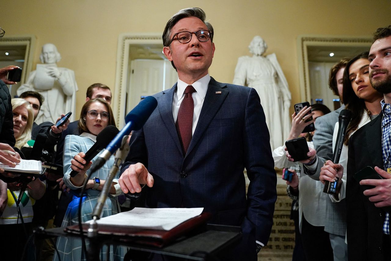 House Speaker Mike Johnson speaks to the press at the US Capitol in Washington, DC, on April 20.