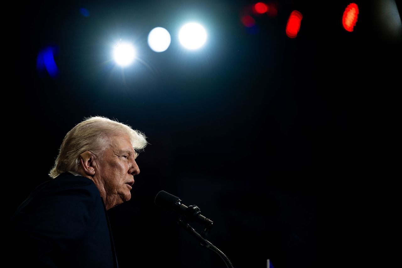 Republican Presidential nominee and former President Donald Trump speaks to attendees during his campaign rally at the Bojangles Coliseum in Charlotte, North Carolina on July 24.