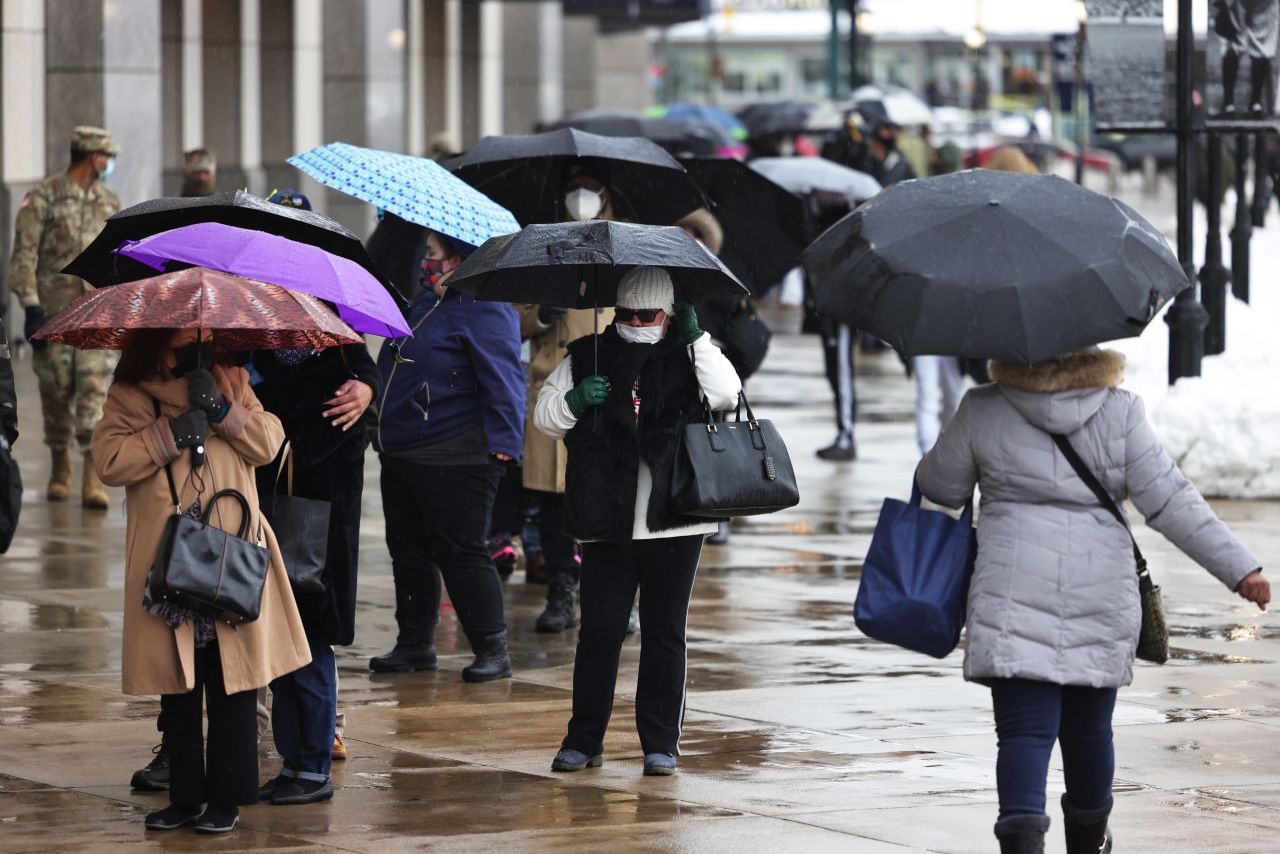 People wait in line to enter the coronavirus vaccination site at Yankee Stadium on February 5 in New York City. 