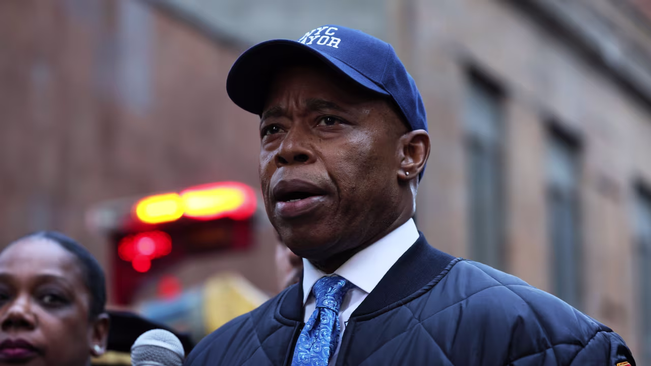 Mayor Eric Adams speaks during a press conference near the site of a parking garage collapse on April 18, 2023 in New York City.