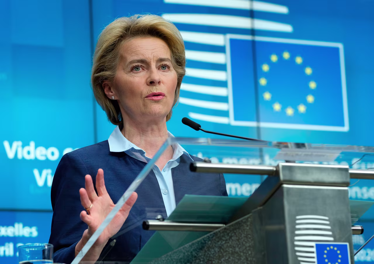 European Commission President Ursula Von Der Leyen gives a press conference in Brussels, on April 23.