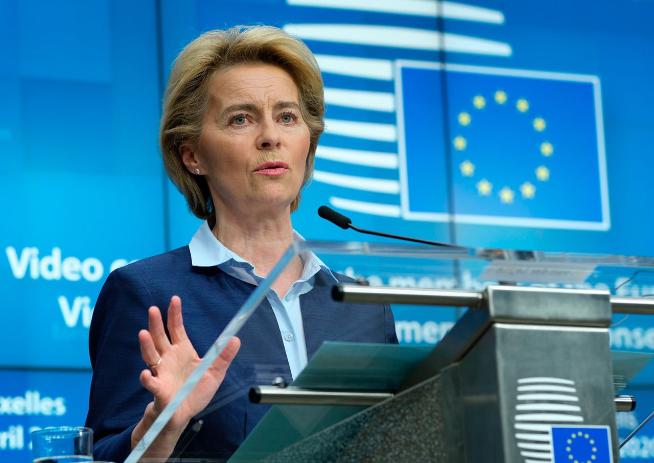 European Commission President Ursula Von Der Leyen gives a press conference in Brussels, on April 23.
