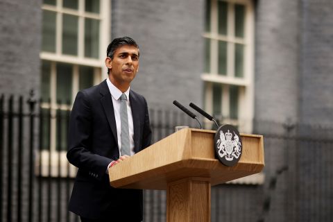British Prime Minister Rishi Sunak makes a statement after taking office outside Number 10 in Downing Street in London Tuesday.