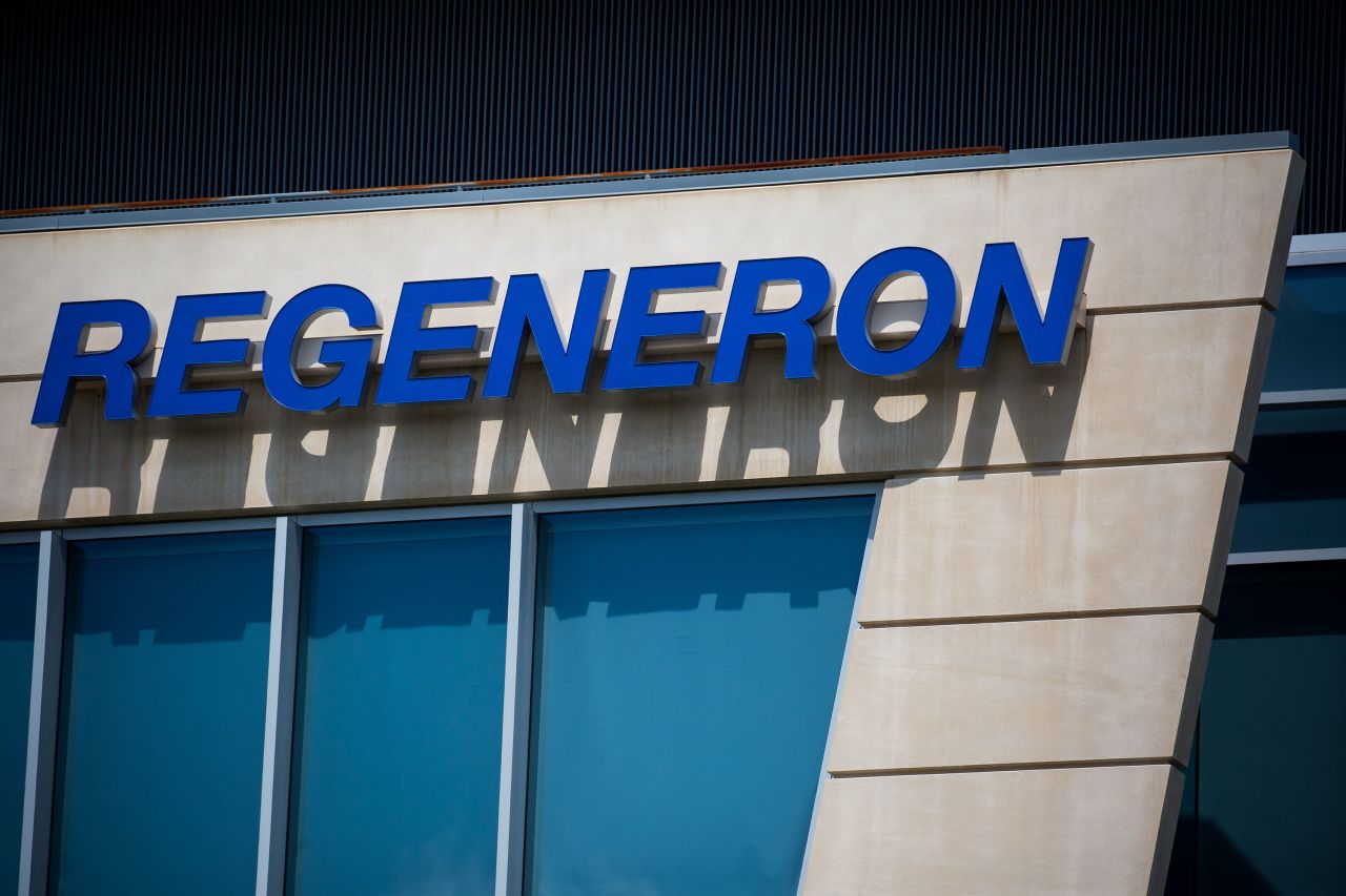 Regeneron Pharmaceuticals Inc. signage on its headquarters in Tarrytown, New York in June 2020. 