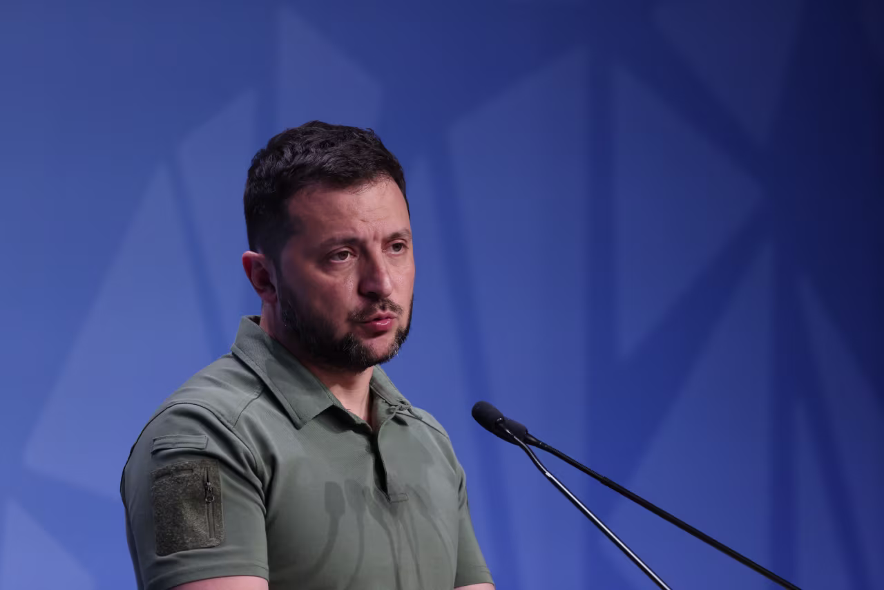 Volodymyr Zelensky during a news conference on the closing day of the annual NATO Summit in Vilnius, Lithuania, on July 12.