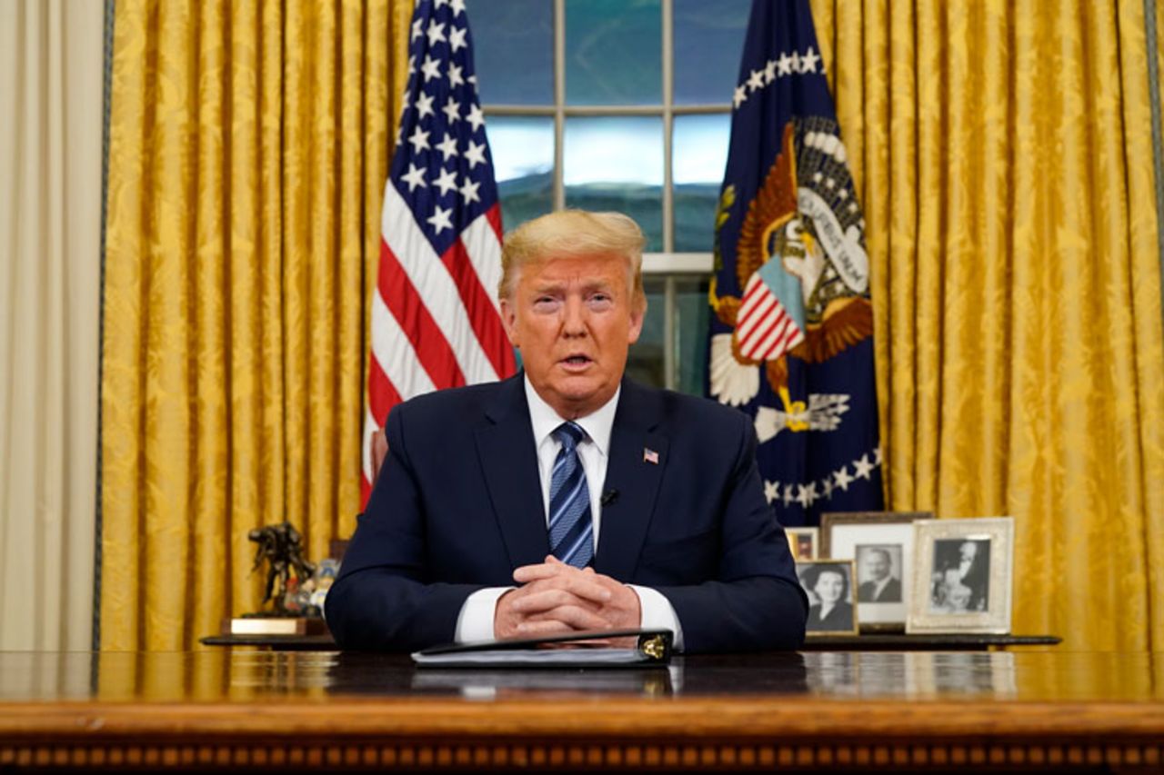 President Donald Trump speaks in an address to the nation from the Oval Office at the White House about the coronavirus Wednesday, March, 11, in Washington.